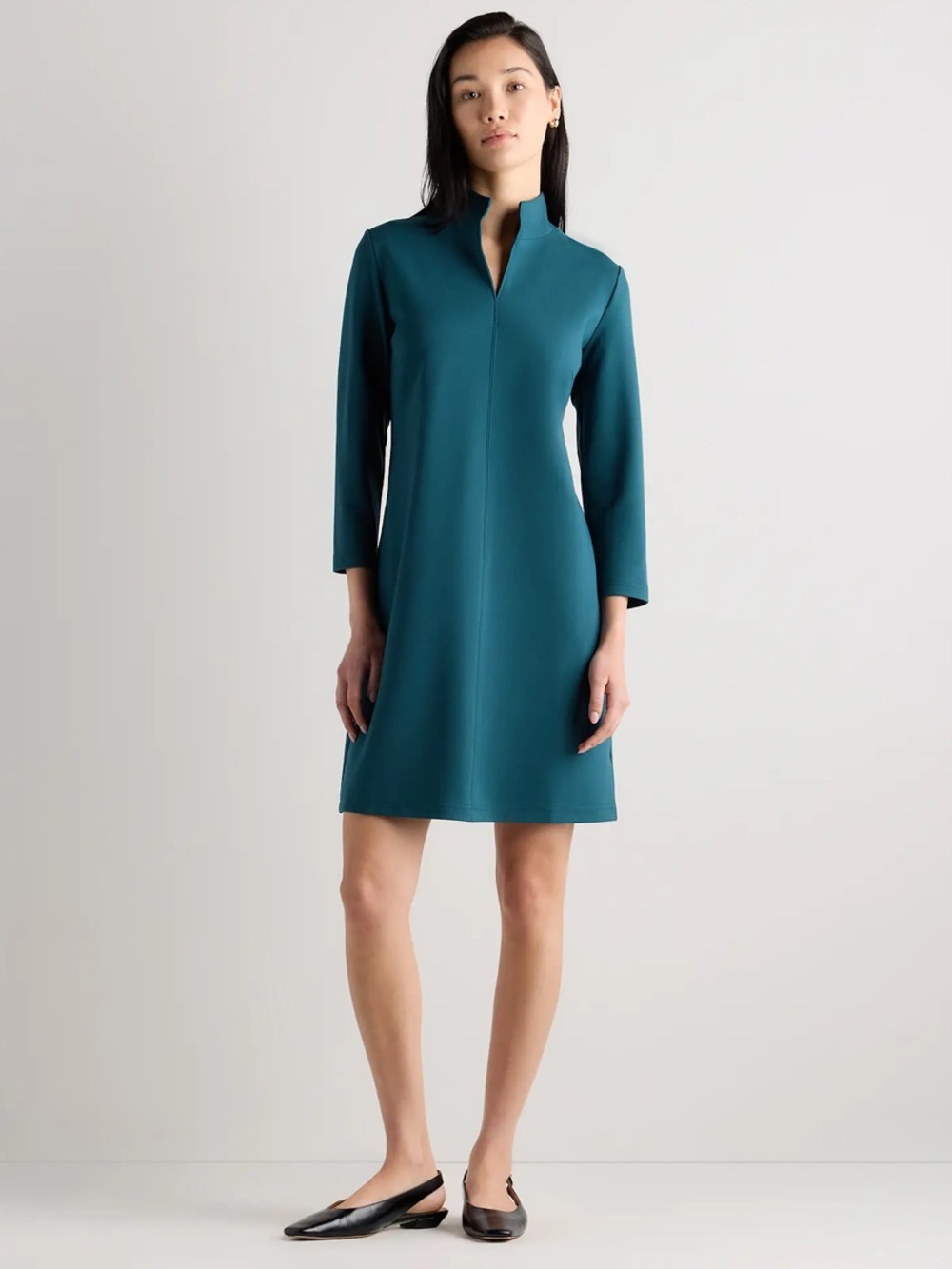 Quince Ultra-Stretch Ponte Split Neck Mini Dress in ocean green Teal Size XL NWT